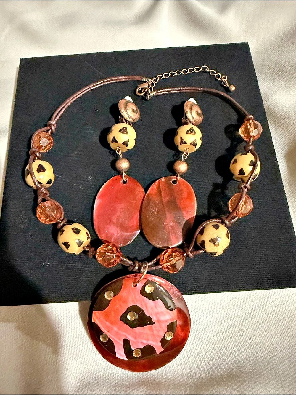 Brown & Red Statement Jewelry Set, Necklace & Clip On Earrings